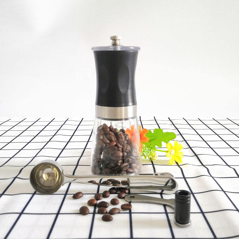 Molino de café manual portátil mini con frasco de vidrio, molino de café doméstico con muelas de acero inoxidable