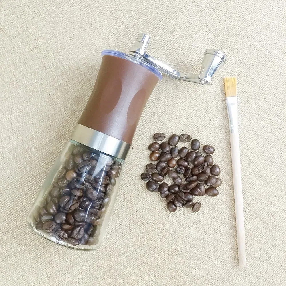 Molino de café manual portátil mini con frasco de vidrio, molino de café doméstico con muelas de acero inoxidable