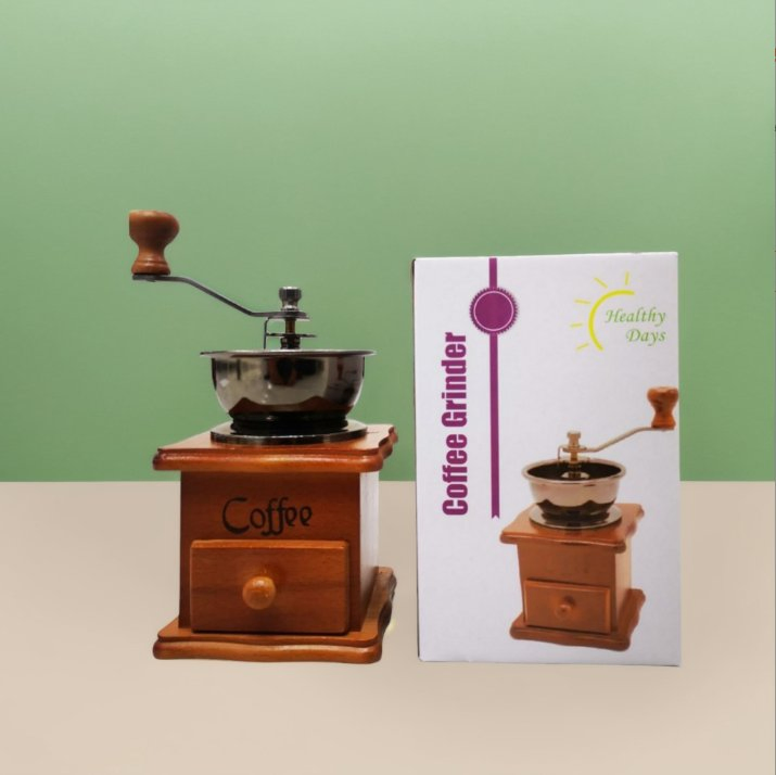 Molino de café manual clásico de manivela, molinillo de granos de café, decoración de café de madera maciza vintage, pequeña máquina de molienda de café portátil