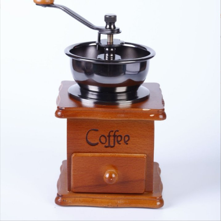 Molino de café manual clásico de manivela, molinillo de granos de café, decoración de café de madera maciza vintage, pequeña máquina de molienda de café portátil
