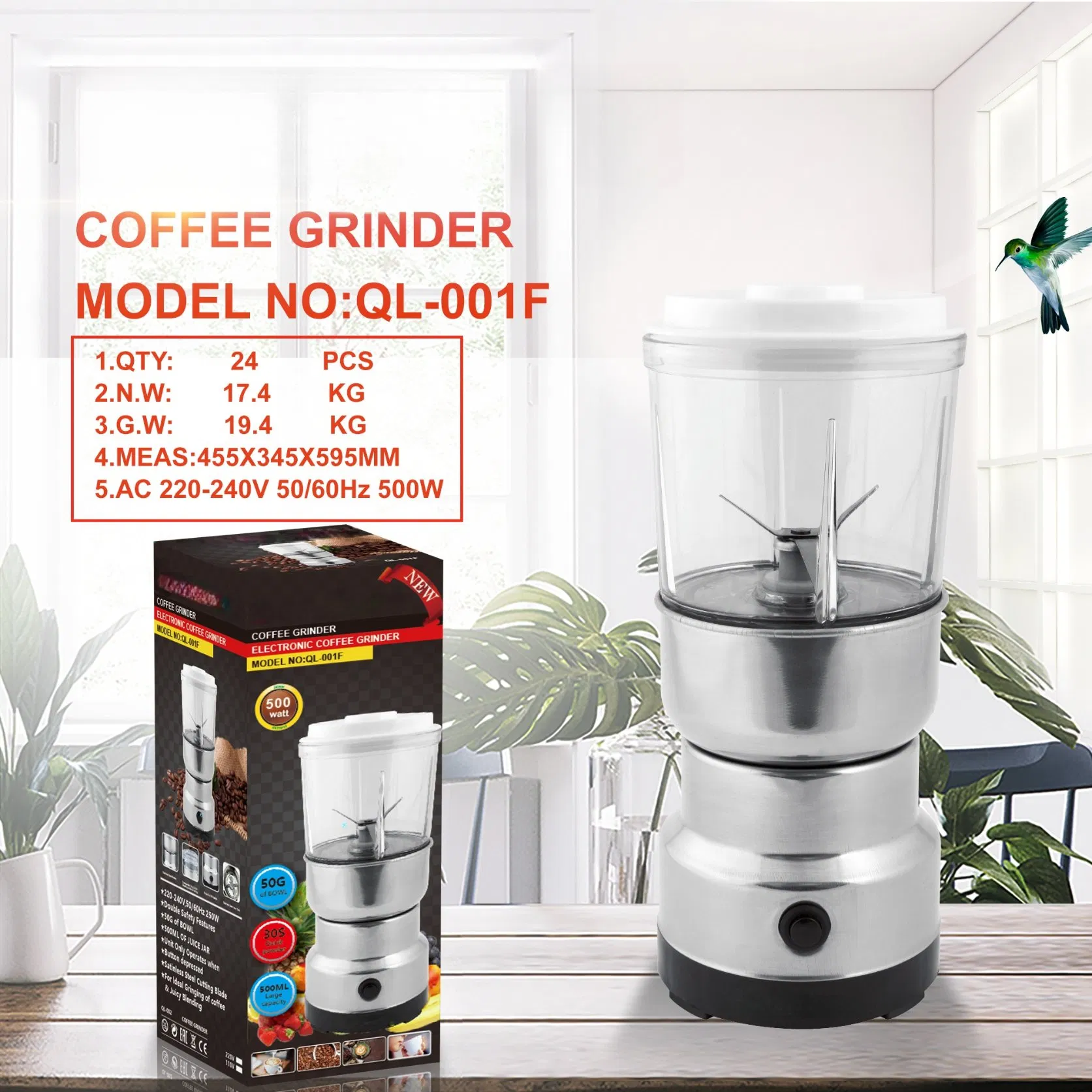 Molino de café eléctrico de acero inoxidable portátil para especias y frijoles
