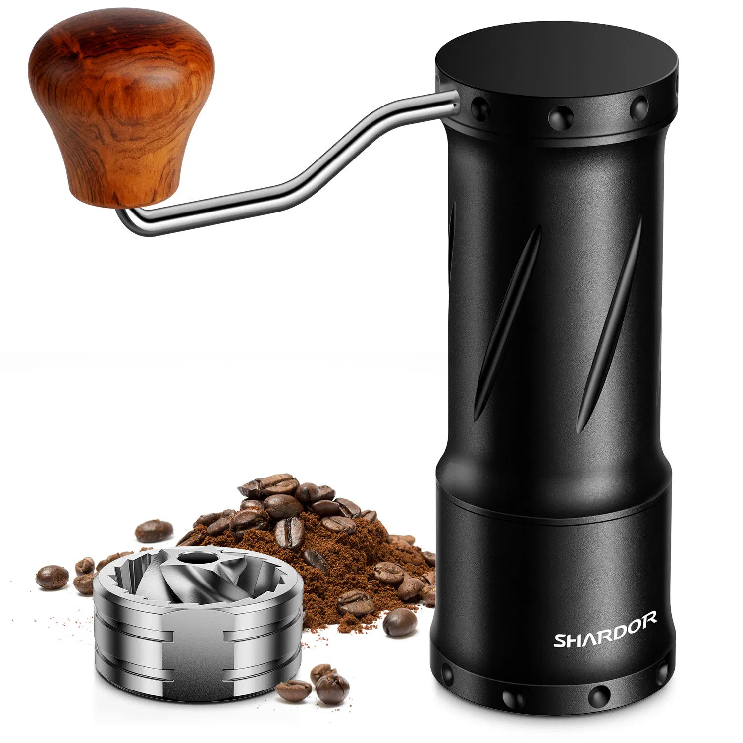 Molino de café manual pequeño con cuerpo de aluminio y ajuste de molienda ajustable