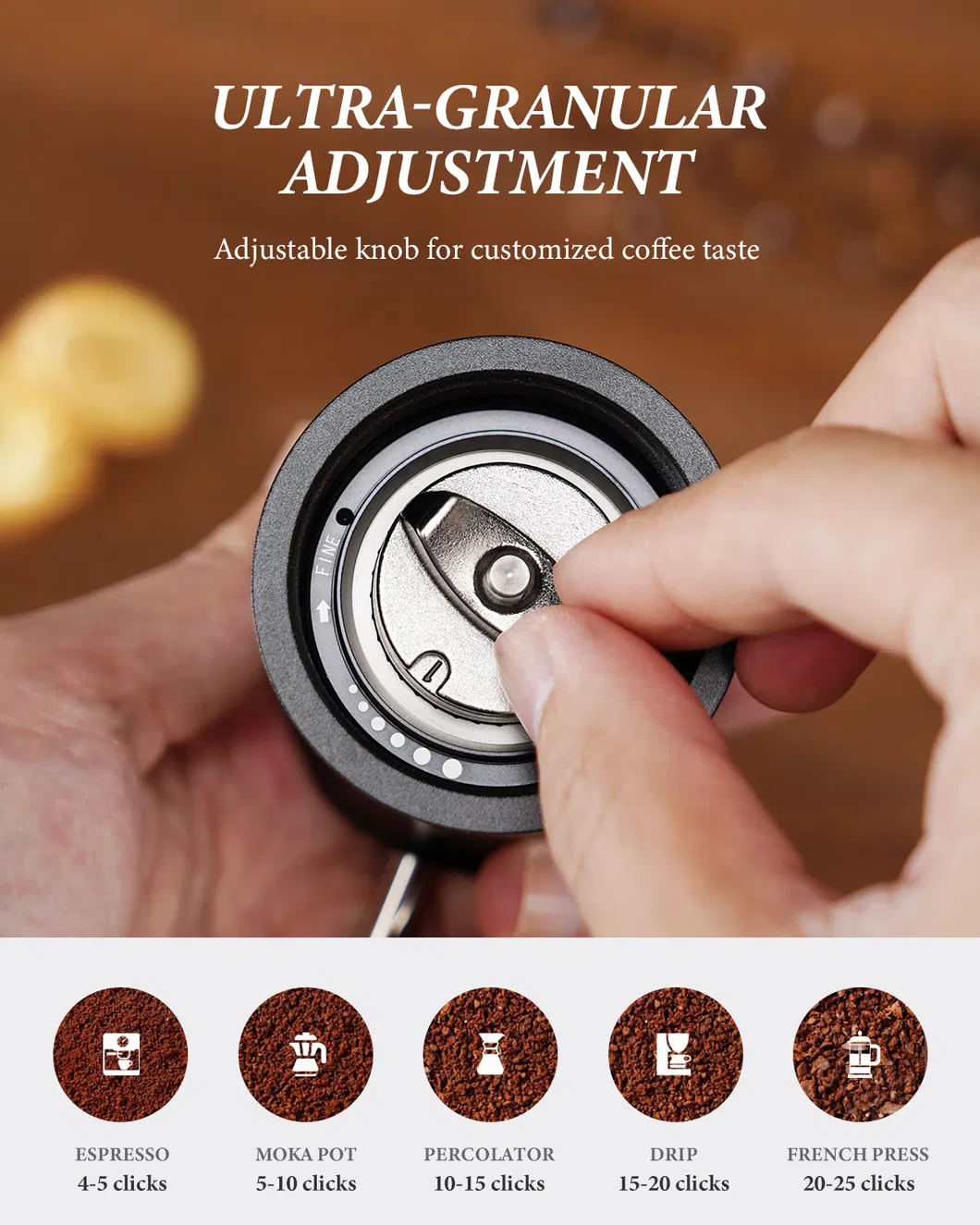 Molino de café manual pequeño con cuerpo de aluminio y ajuste de molienda ajustable