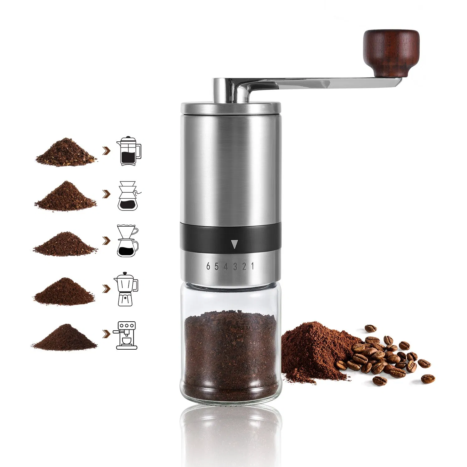 Molino de café manual de acero inoxidable portátil mini ajustable de vidrio borosilicato
