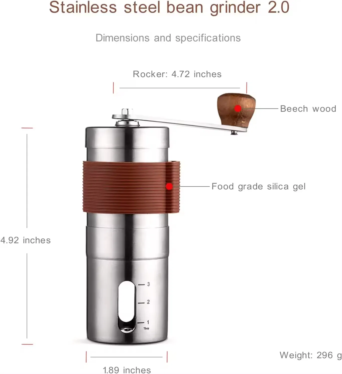 Molino de café manual portátil de acero inoxidable con muelas cónicas ajustables y funda antideslizante marrón