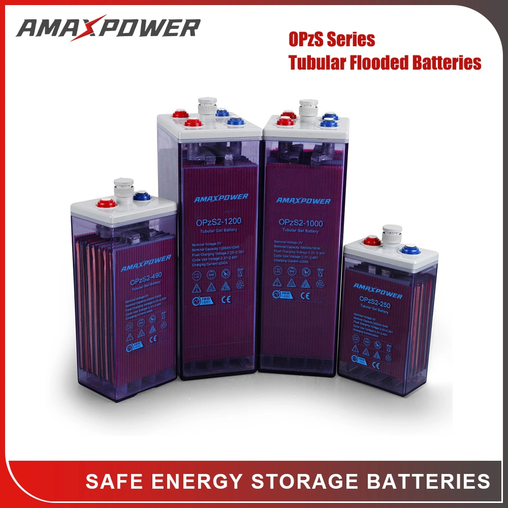 Amaxpower 2V 200ah/420ah/500ah/800ah/1000ah/1500ah/2000ah/3000ah Tubular Flooded Lead Acid Opzs Battery for Solar-Bts/Wind-Power/Telecom/UPS/Railway/Opzv