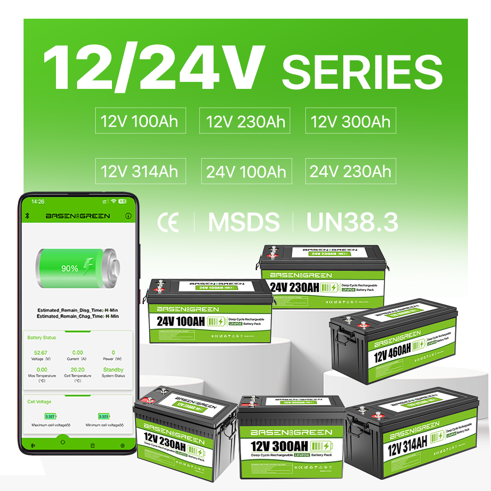 Basen Green EU Stock 12V 100ah 200ah 300ah AKKU Lifepo4 Lithium Ion Battery Deep Cycle Fot Solar Systems 12 Vol Batteries