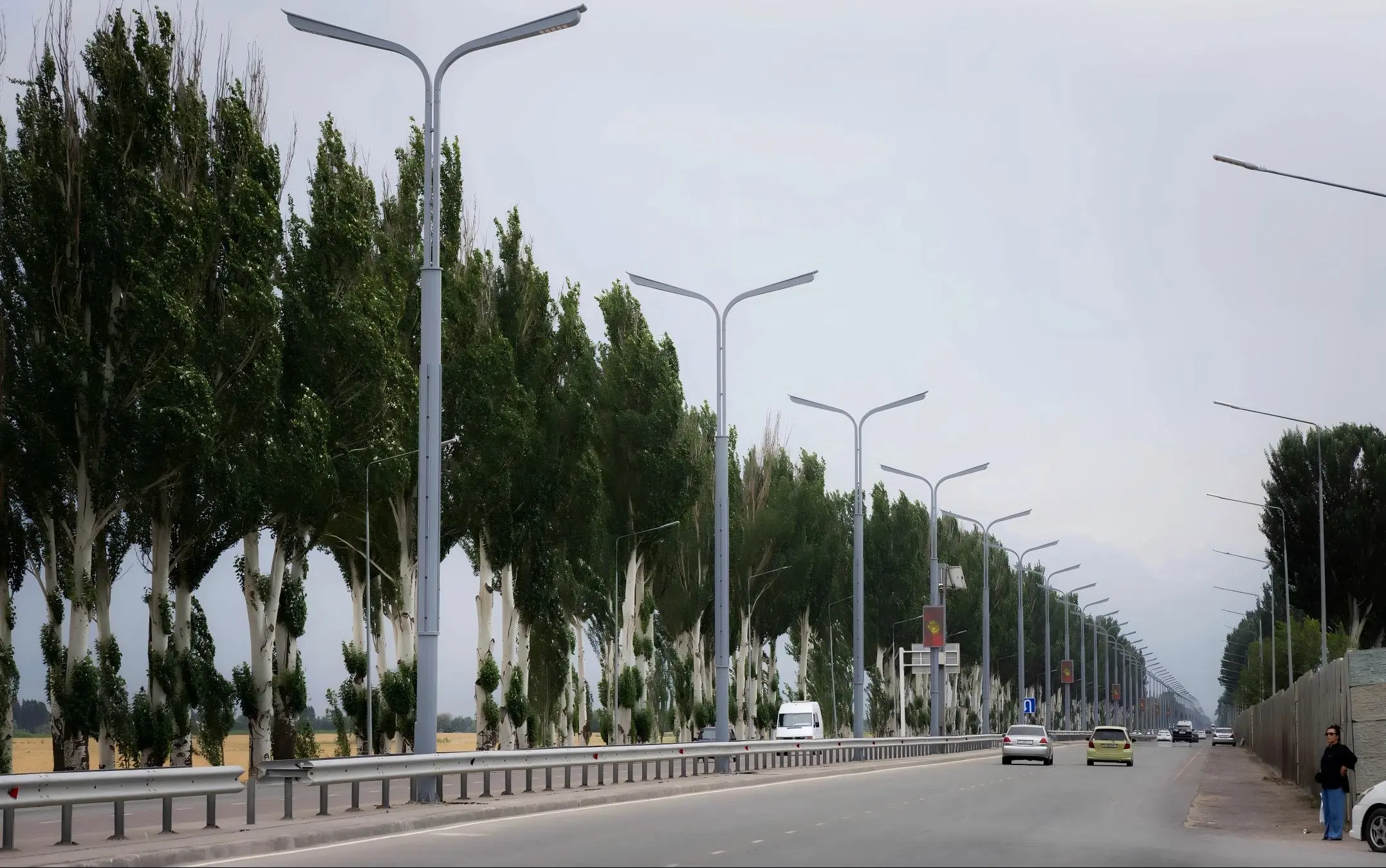 Double-arm hot-dip galvanized conical steel street light poles on the Manas Airport to Bishkek highway