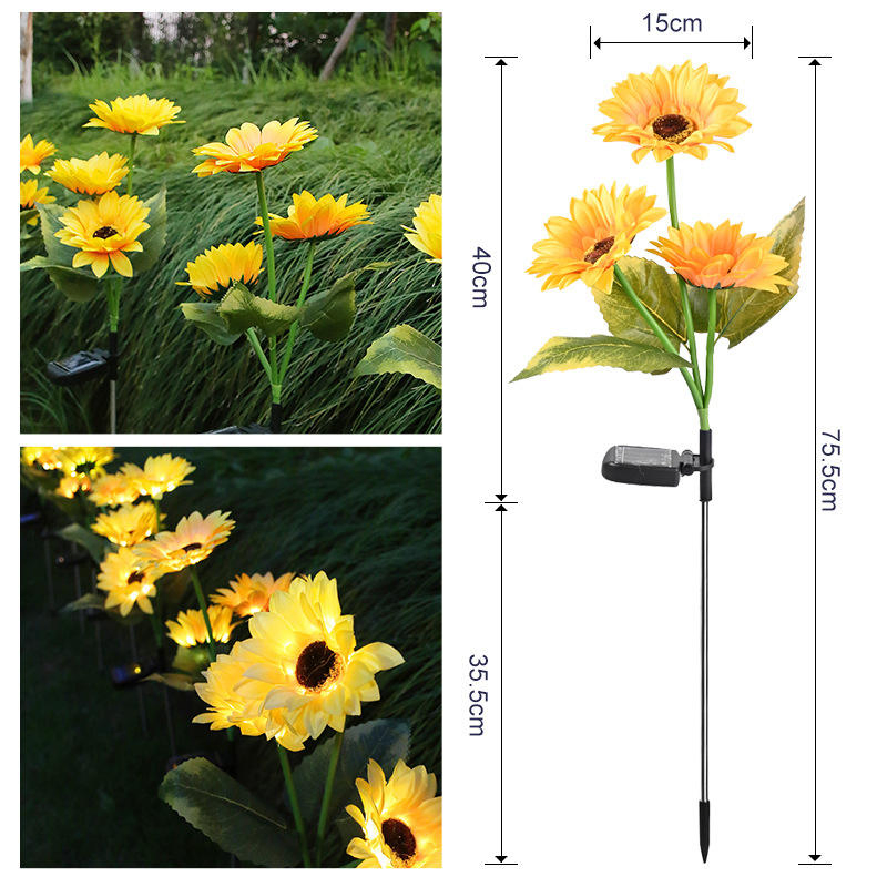 Lâmpada de Decoração de Andar Girassol com Simulação Solar LED, Painéis Solares Policristalinos, Iluminação para Jardim ao Ar Livre