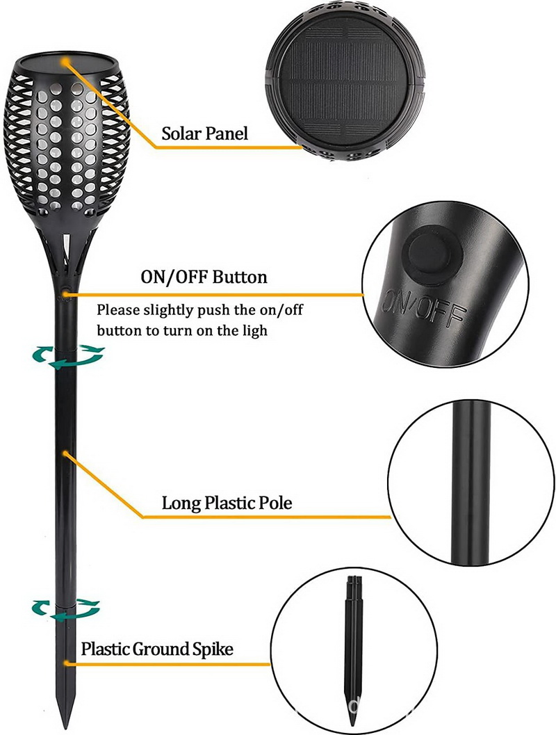 Lâmpada de Tocha com Chama de LED Piscante, Lâmpada Solar à Prova d'Água, Iluminação Externa, Luzes de Caminho Solar, Iluminação Decorativa para Pátio, Quintal e Jardim