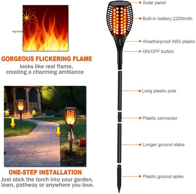 Lâmpada de Tocha com Chama de LED Piscante, Lâmpada Solar à Prova d'Água, Iluminação Externa, Luzes de Caminho Solar, Iluminação Decorativa para Pátio, Quintal e Jardim