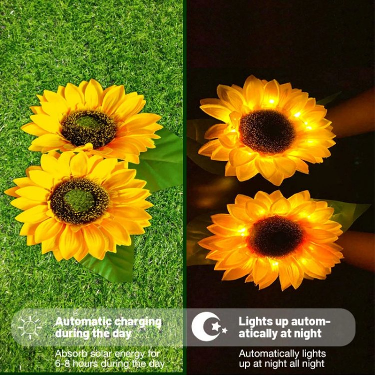 Lâmpada de Decoração de Andar Girassol com Simulação Solar LED, Painéis Solares Policristalinos, Iluminação para Jardim ao Ar Livre