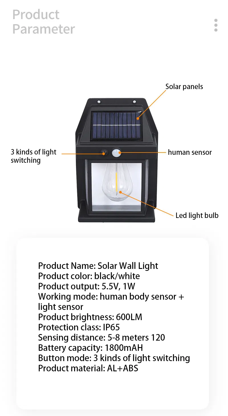 Lâmpada de Parede Solar Externa Bulbo de Filamento de Tungstênio Sensor de Indução de Corpo Humano Iluminação de Jardim