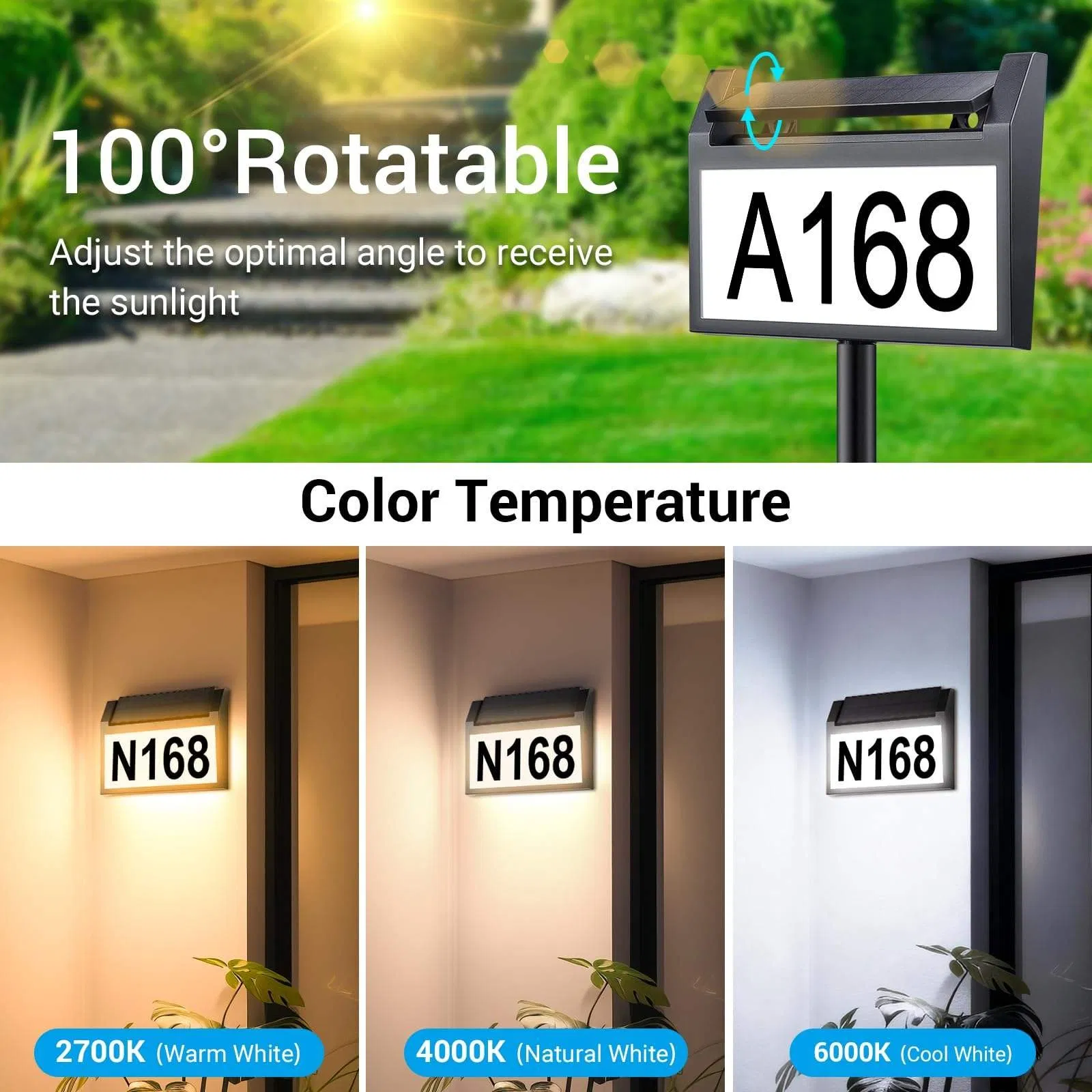 Placa de Número de Casa Solar LED à Prova d'Água 3-Color Luz de Endereço Solar para Exterior para Casa, Quintal, Rua
