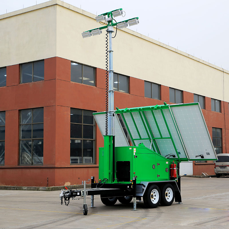 Iluminação Solar com Trailer Móvel. Torre de Segurança com Painel Solar