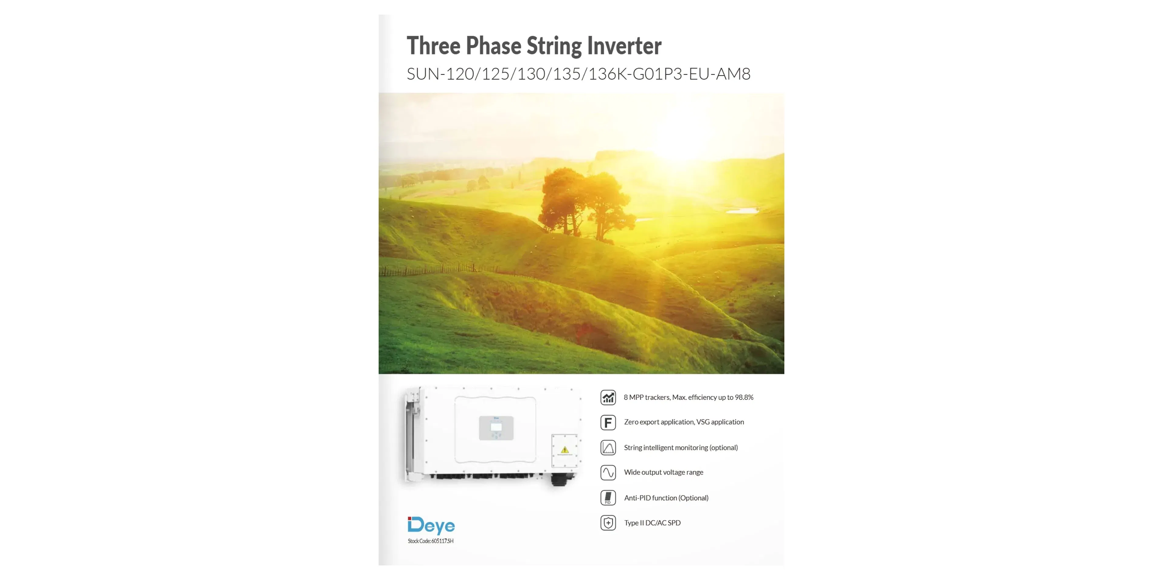 The Deye Sun-120/125/130/135/136K-G01p3-EU-Am8 Three Phase String Inverter 3-Phase Input Voltages From 200V to 1000V in Stock