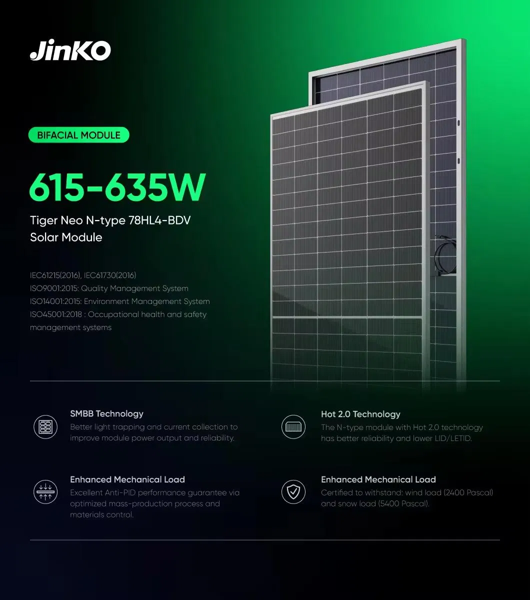 Jinko Tiger Neo N-Type Bifacial Photovoltaic Module 615W 620W 625W 630W 635W Watt Solar Panels with Dual Glass in Stock