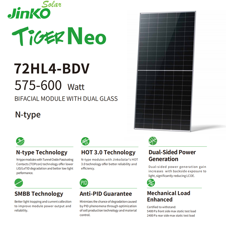 Solar Bifacial Panels Jinko Europe Warehouse N Type Neo Dual Glass Solar Panel