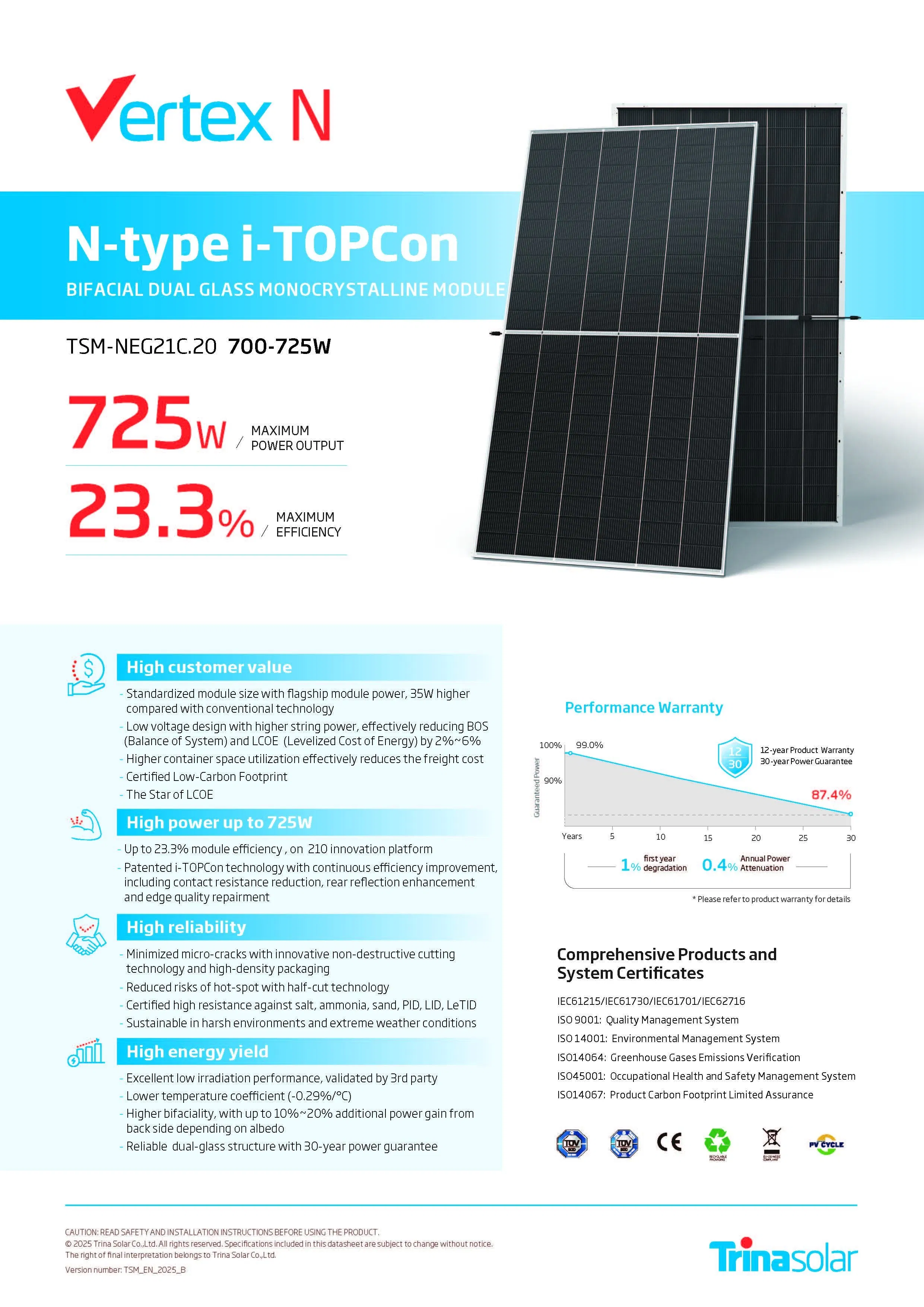 Best Performance N-Type I-Topcon Monocrystalline Solar Module 710W Trina