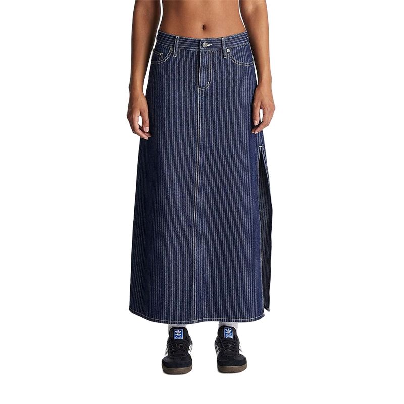 Denim Maxi Skirt MID-Rise Maxi Length Zip Fly Side Split Stripes fashion