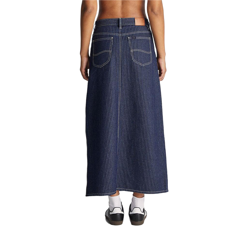 Denim Maxi Skirt MID-Rise Maxi Length Zip Fly Side Split Stripes fashion