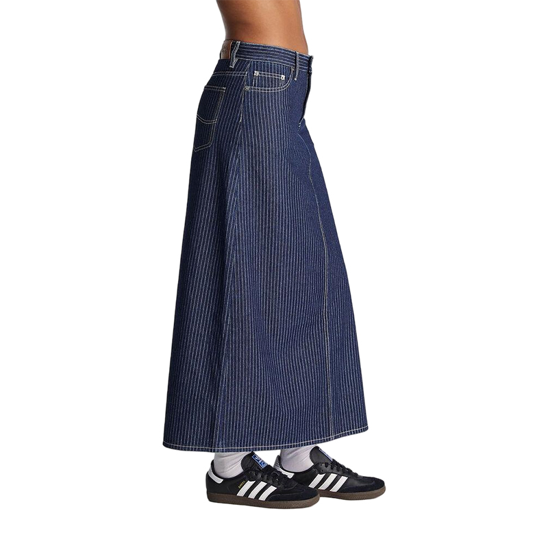 Denim Maxi Skirt MID-Rise Maxi Length Zip Fly Side Split Stripes fashion