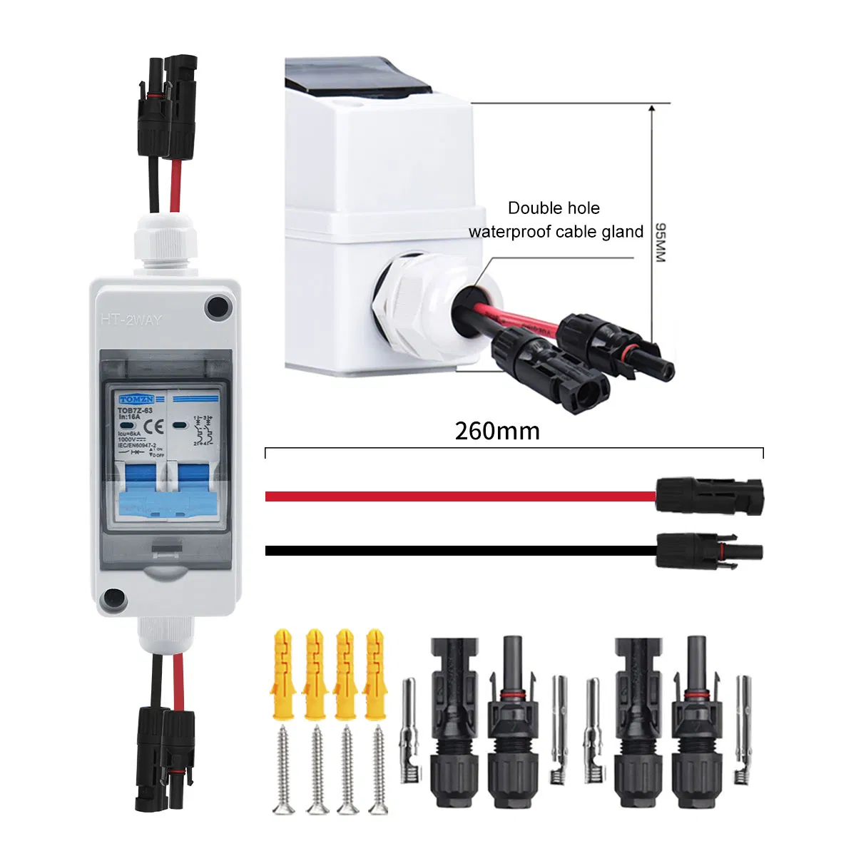 Tomzn Solar Photovoltaic PV Combiner Box with Circuit Breaker IP65 Ht 2ways