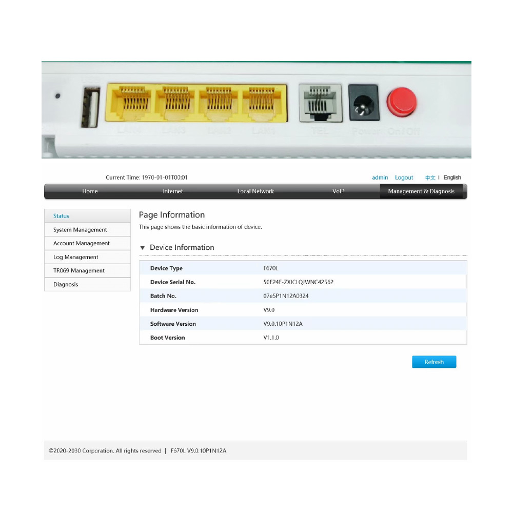 Original F670L GPON ONU ONT 4GE+1POTS+2USB Dual Band 2.4G/5G WiFi Fiber Optic Router English Firmware