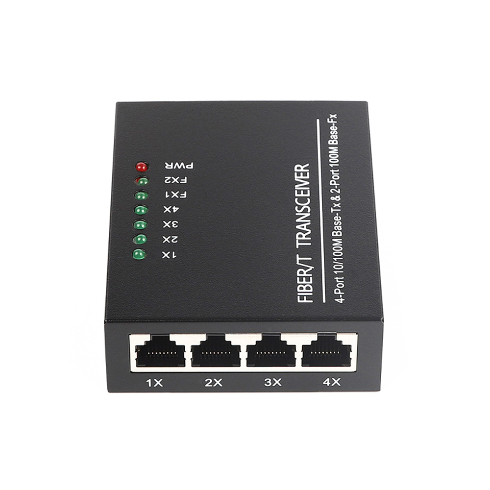 2*100Base-Fx to 4*RJ45 Fiber Media Converter Single Mode 20km SC 10/100Mbps Ethernet Converter DC12V