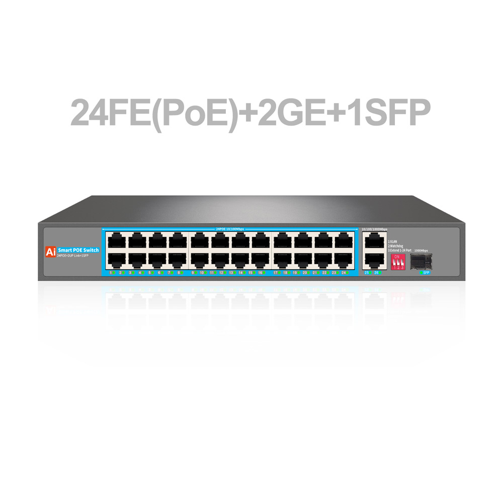NEW 24*10/100M + 2*10/100/1000M RJ45 Ports + 1*100/1000M SFP Port AI 27 Port Uplink Network PoE Fiber Switch for CCTV
