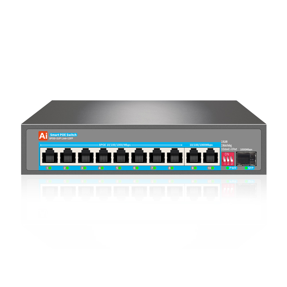 11 Port Gigabit AI POE Switch 8 POE+ Port 1000Mbps 2 Gigabit Uplink 1 SFP Port 120W 802.3AF Plug and Play for CCTV IP Camera