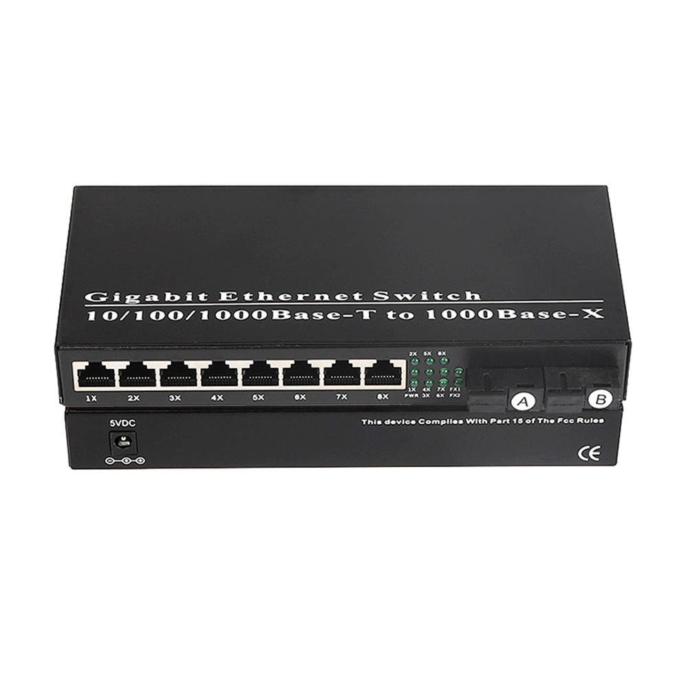 Fiber Optical Media Converter Self-adaptive 10/100/1000Mbps FTTH 2 SC to 8 RJ45 SM Single Fiber 20km