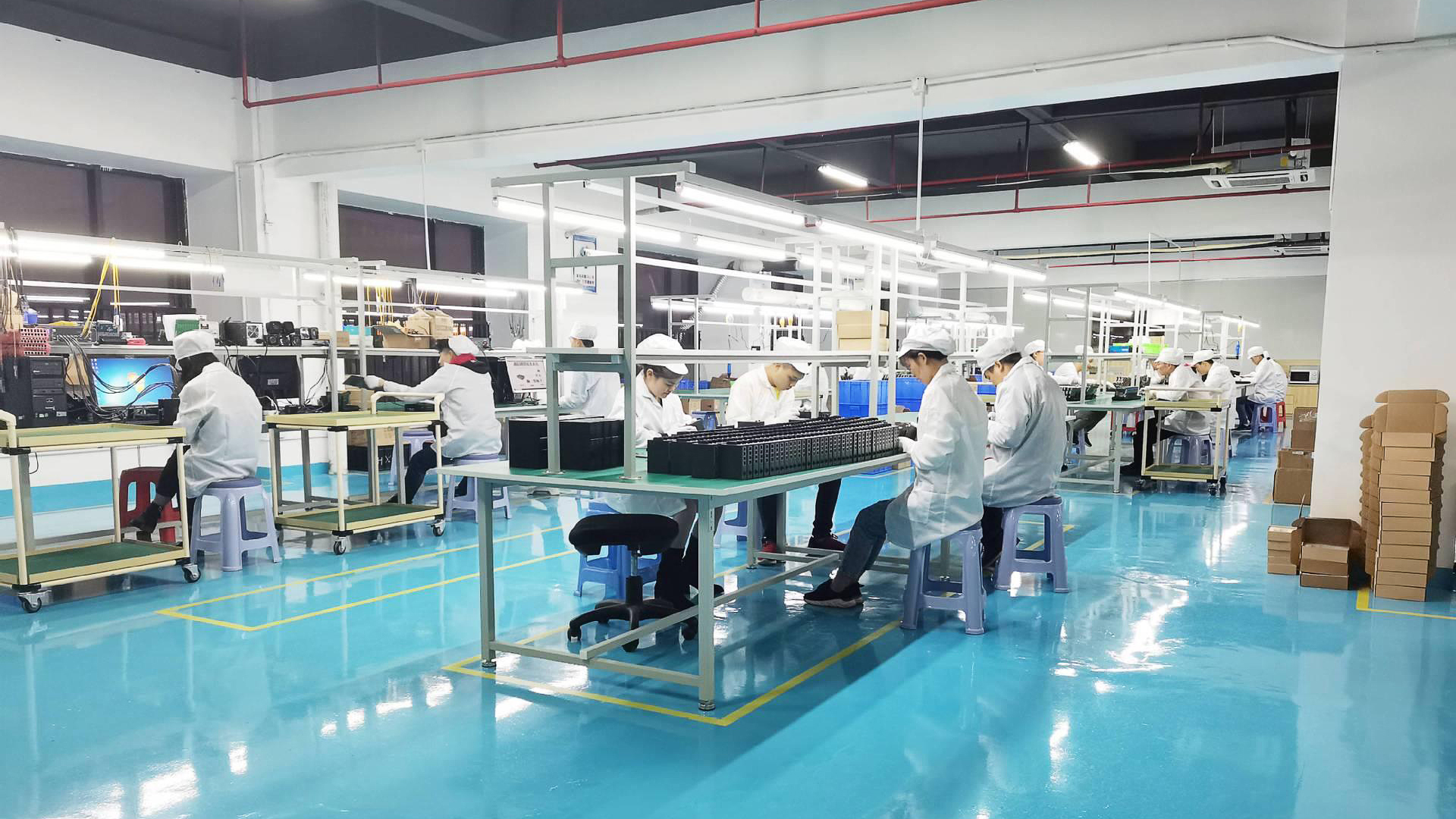 Final assembly production line for fiber optic and network devices at Soras Technology