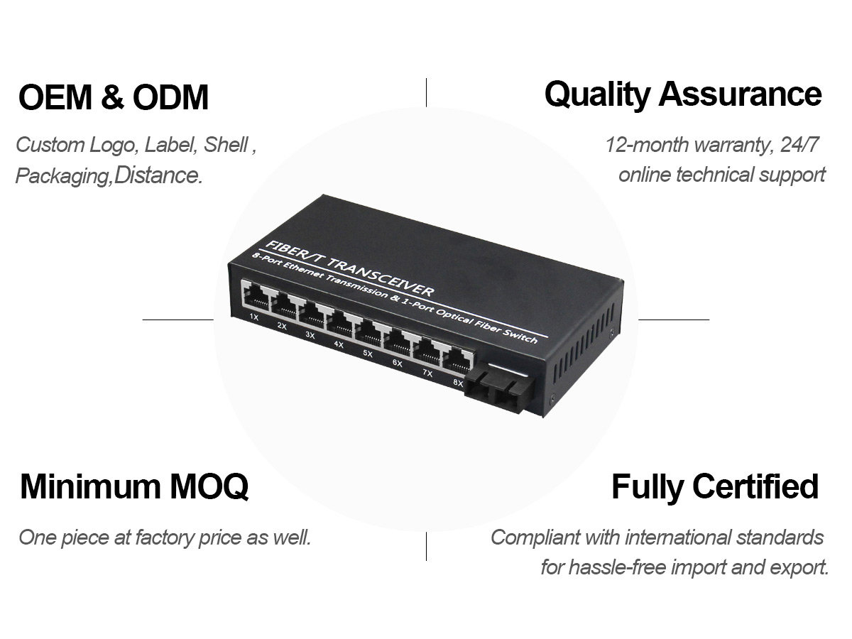 Durable 10/100Mbps Single Mode Fiber Media Converter 1 FX to 8 TX 20km SC for Large CCTV System