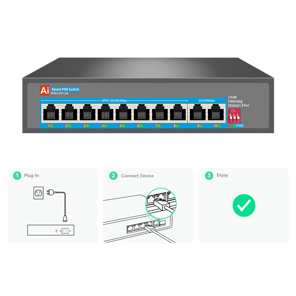 AI VLAN PoE Switch 8FE PoE + 2 Uplink Fast Ethernet Switch for CCTV