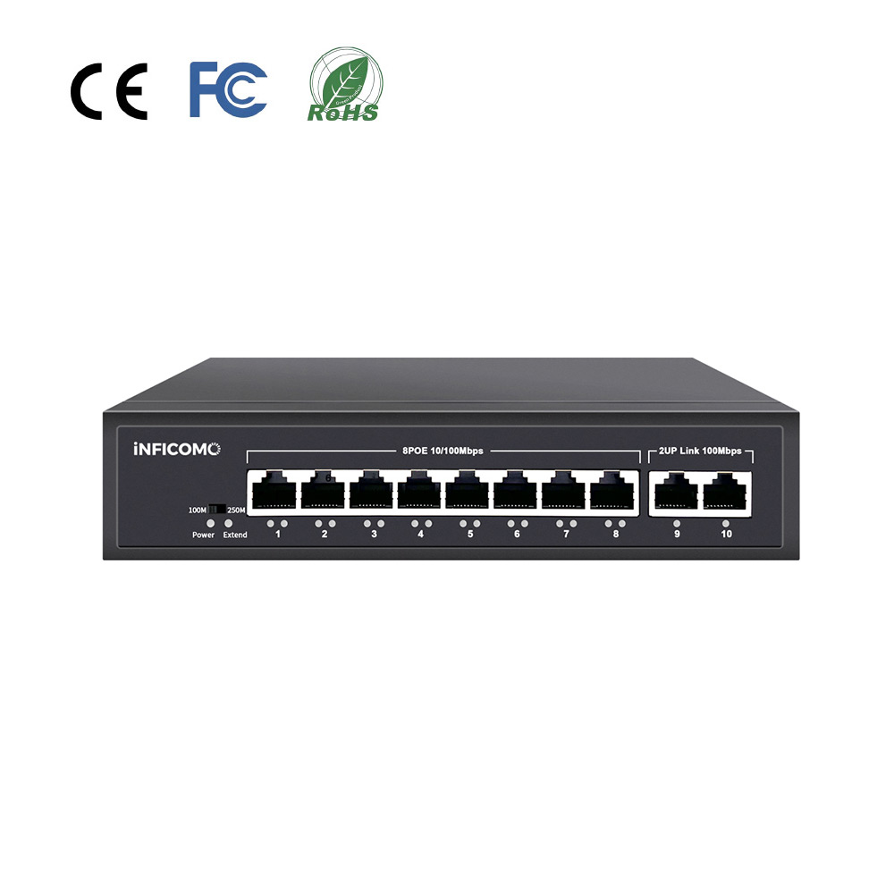 Factory Directly 10/100M Unmanage Ethernet RJ45 POE Switch 8 POE+2 Uplink for Camera TV PC