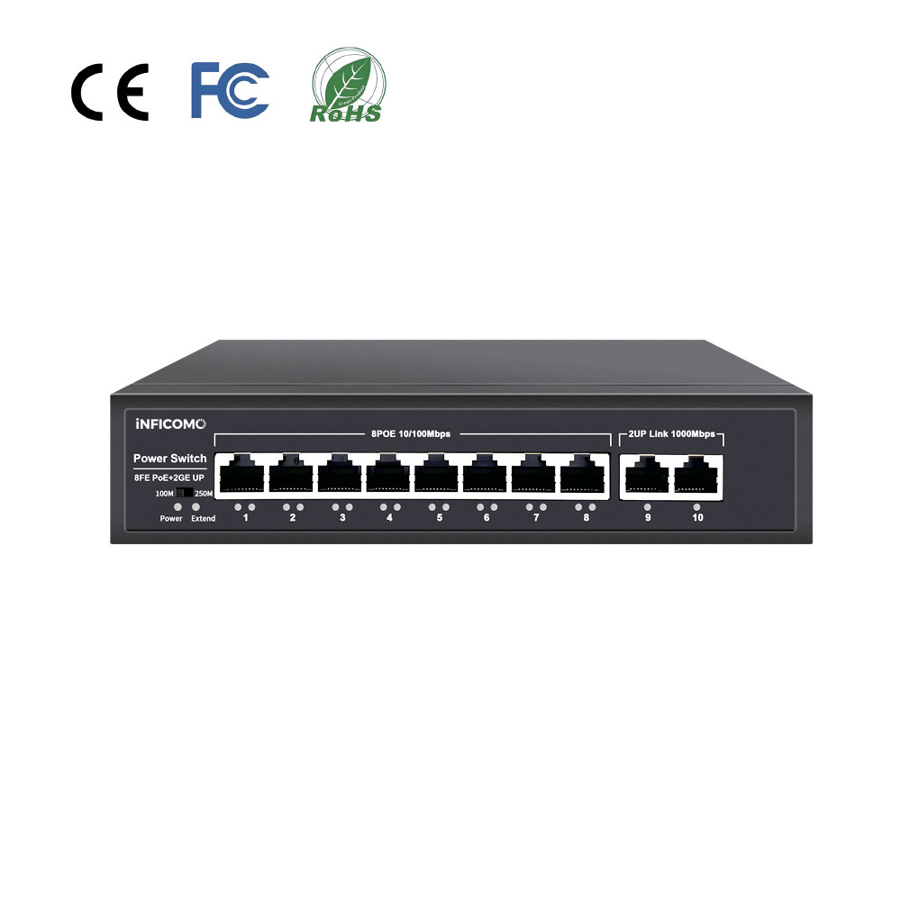 Multi-Layer Protection 8-Port 100Mbps 120W PoE Switch with 2-Gigabit Uplink 1000BASE-T RJ45 for IP Cameras