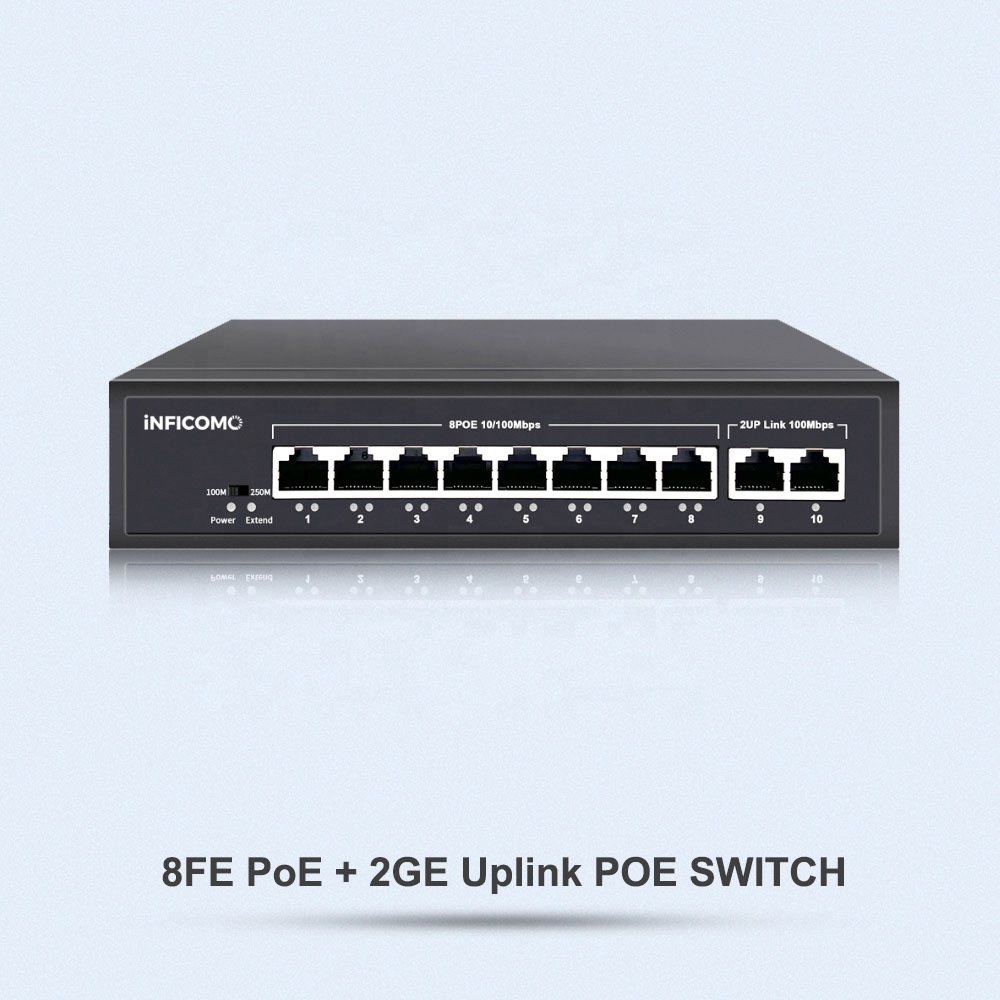 Durable Quality Full Power Output 120W 100MB 8 Port PoE Switch with 2 Uplink Ports for CCTV Camera