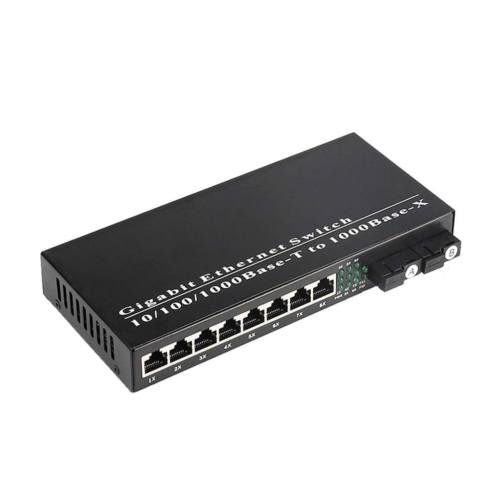 Fiber Optical Media Converter Self-adaptive 10/100/1000Mbps FTTH 2 SC to 8 RJ45 SM Single Fiber 20km