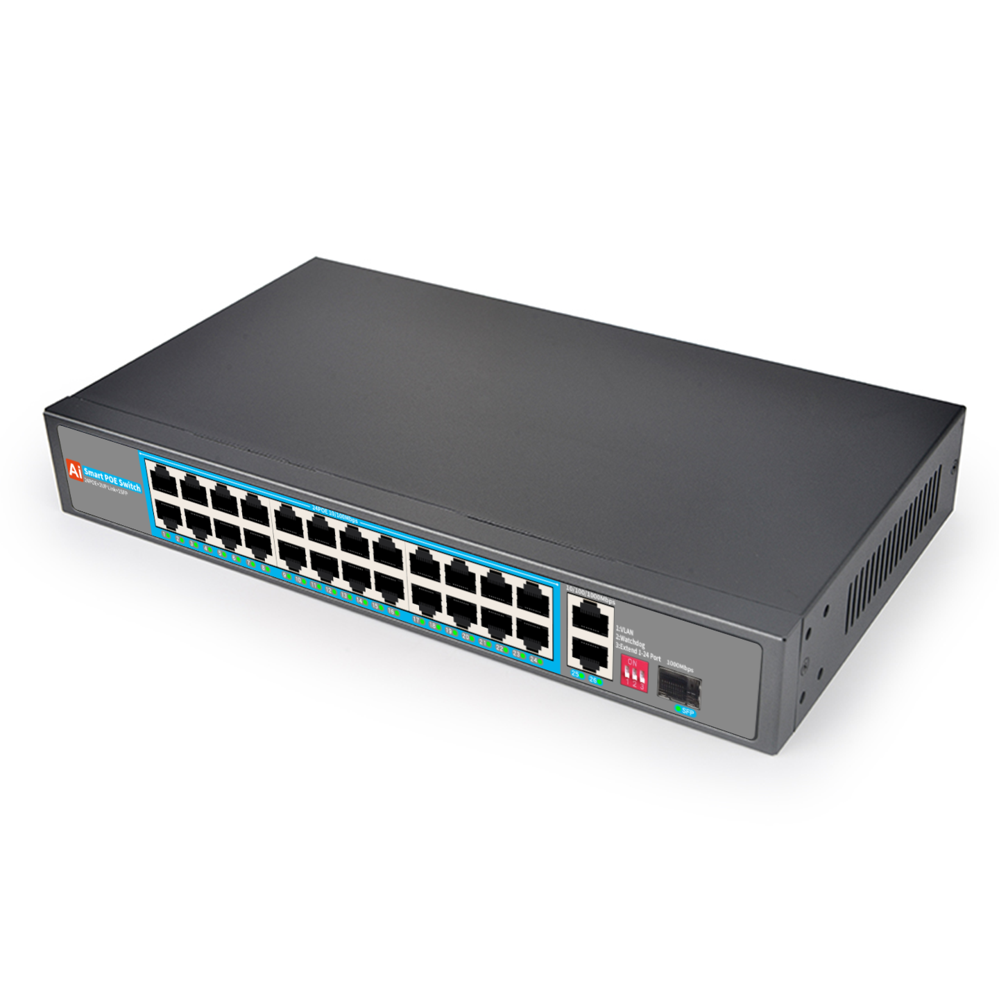 AI PoE Switch with Watchdog 24-Port 10/100M PoE+ + 2 Gigabit RJ45 + 1 SFP | Auto-Reboot Dead Cameras