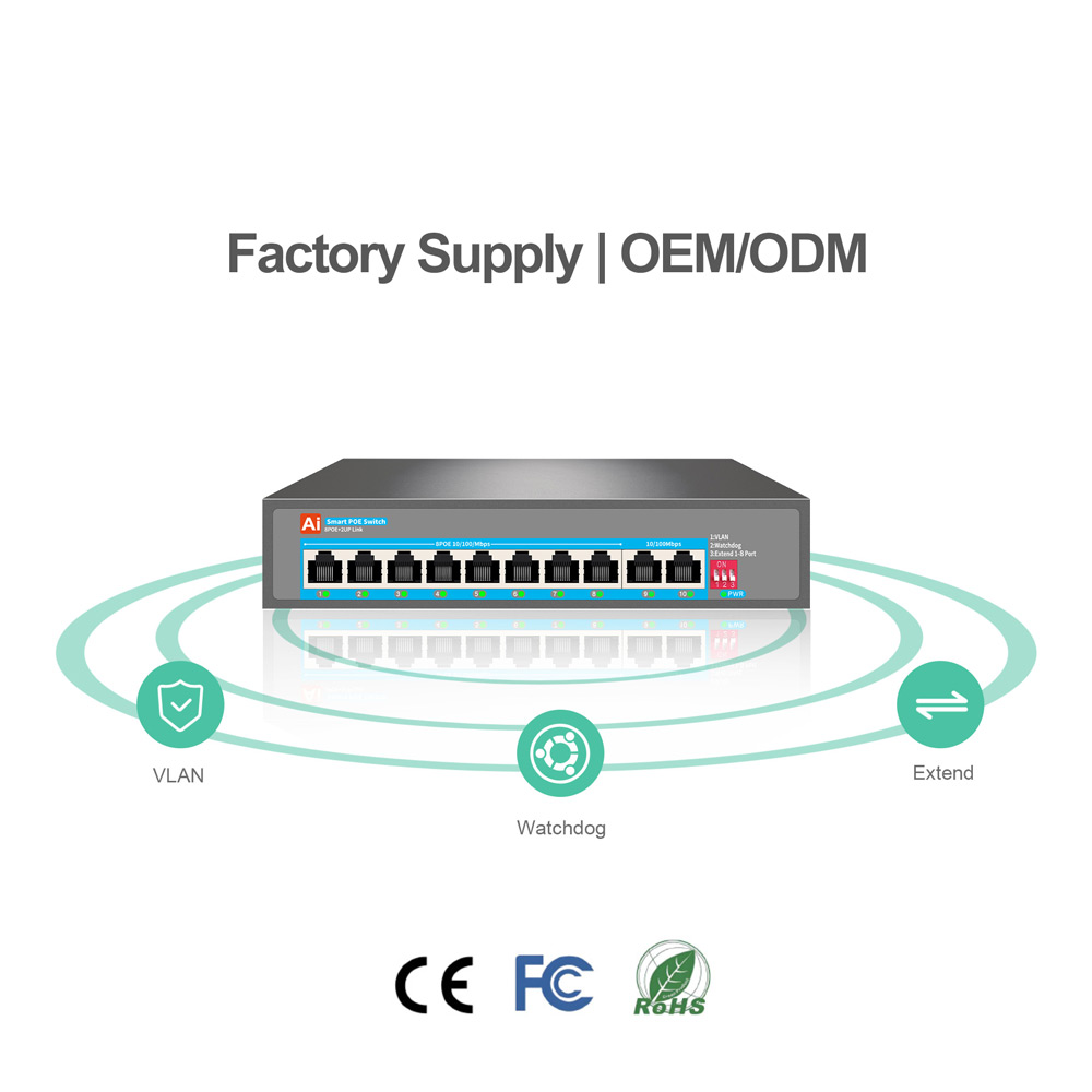 Stable Transmission up to 300 Meters Ai 8 Ports 100Mbps 48V PoE Switch for CCTV PC & Camera