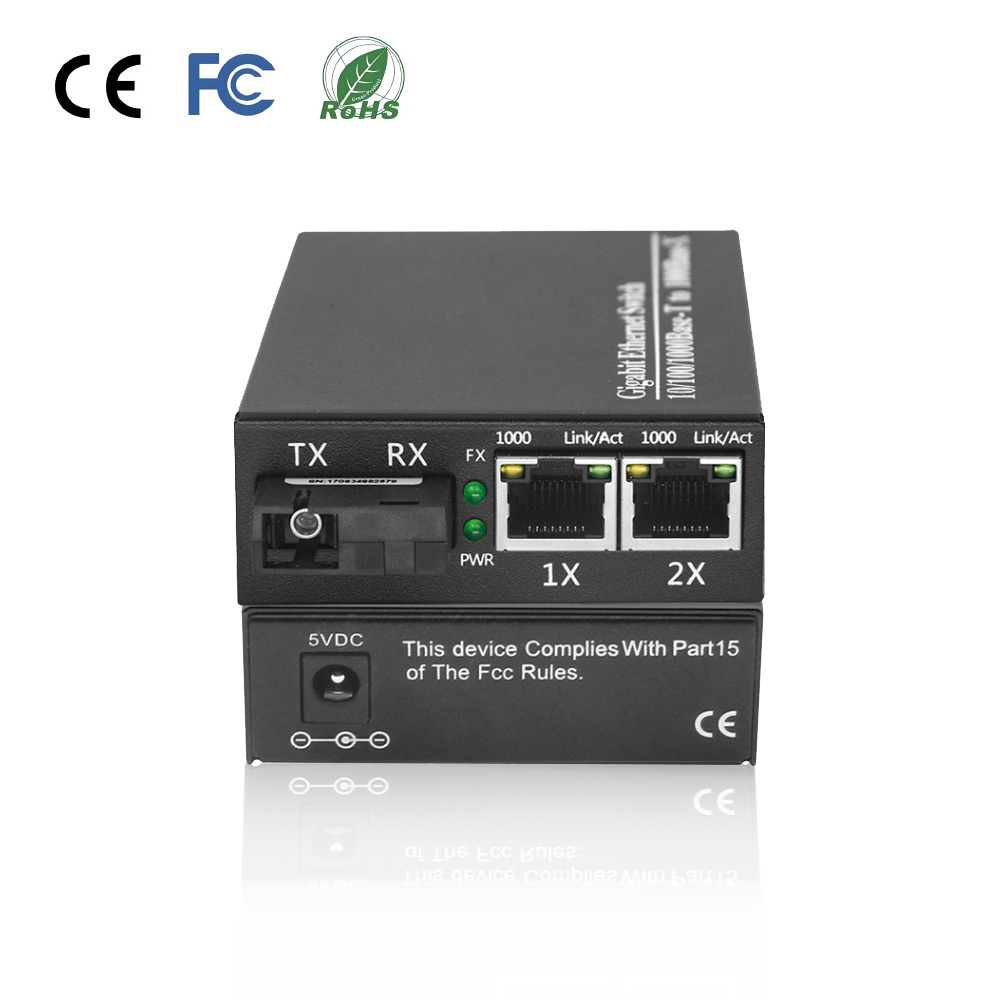 OEM 20km 1Fiber 2RJ45 Adaptive Gigabit Fiber Optic Media Converter 10/100/1000Mbps SC DC5V for CCTV FTTH