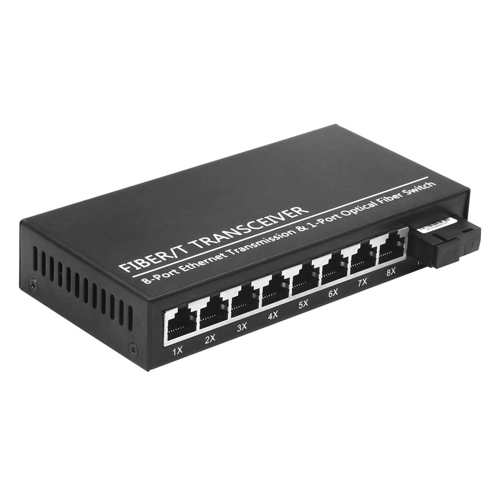 Durable Rugged Inficomo RD-FE108 10/100/1000Mbps 8 Port Fiber Media Converter with 1 Fiber Port 10-80Km Range for CCTV Network