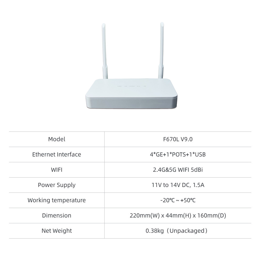 FTTH RJ45 Dual Band WiFi F670L GPON EPON XPON ONU ONT with 4GE + VOIP Ports