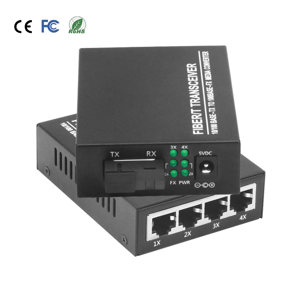 Durable 10/100Mbps Single Mode Fiber Media Converter 1 FX to 4 TX 20km SC for Home/Office Network