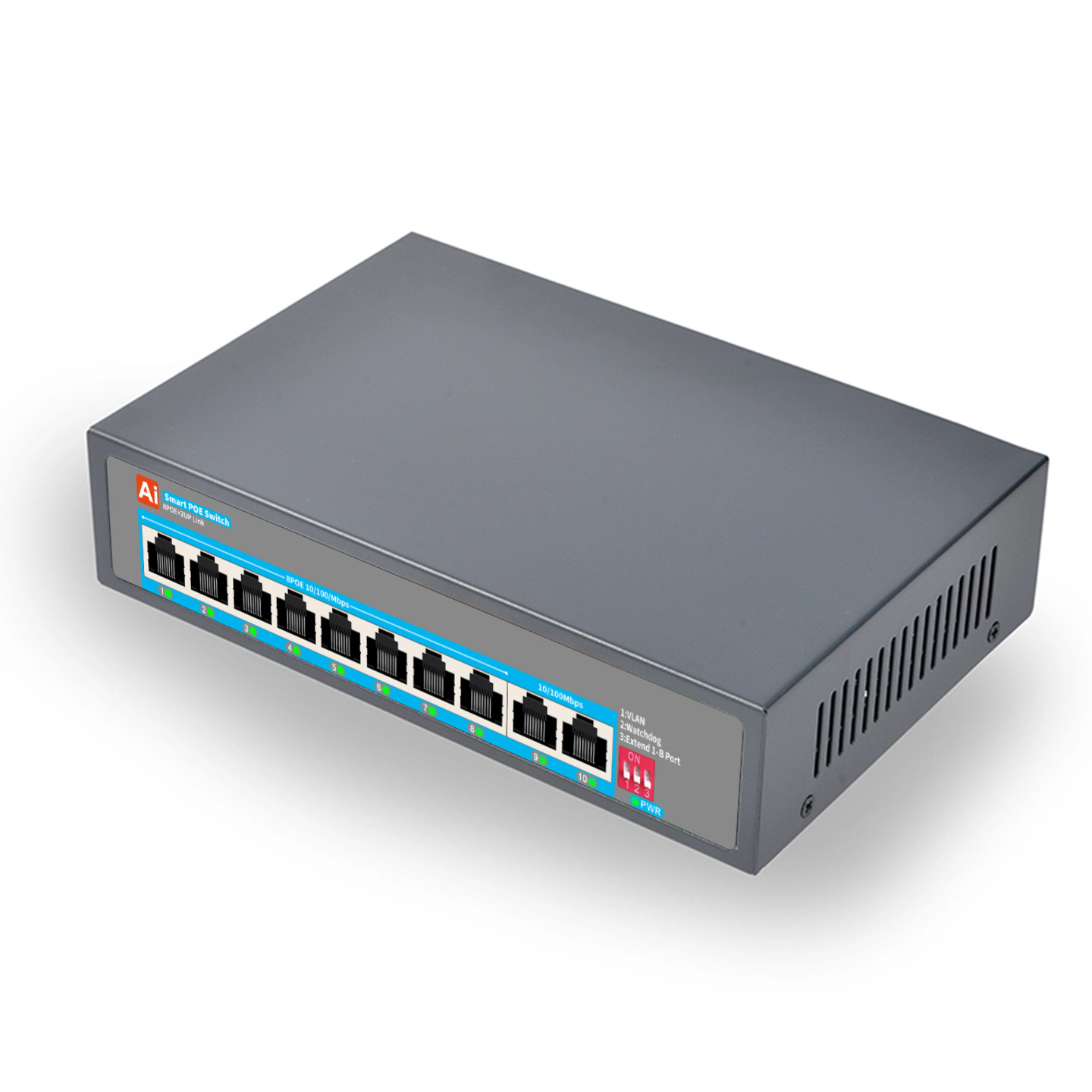 Stable Transmission up to 300 Meters Ai 8 Ports 100Mbps 48V PoE Switch for CCTV PC & Camera