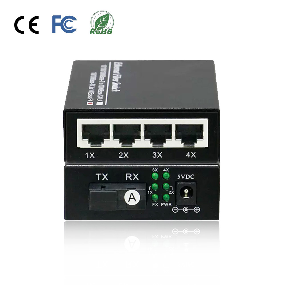 OEM 20km 1Fiber 4RJ45 Gigabit Fiber Optic Media Converter 10/100/1000Mbps SC DC5V CE Certified 120km Range for IP Camera