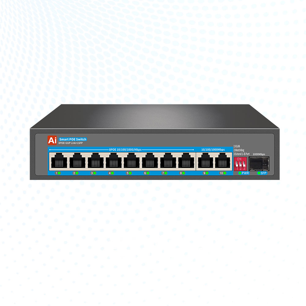 Smart 8 Port PoE Switch with SFP Fiber Uplink AI Watchdog for IP Camera and ISP Network