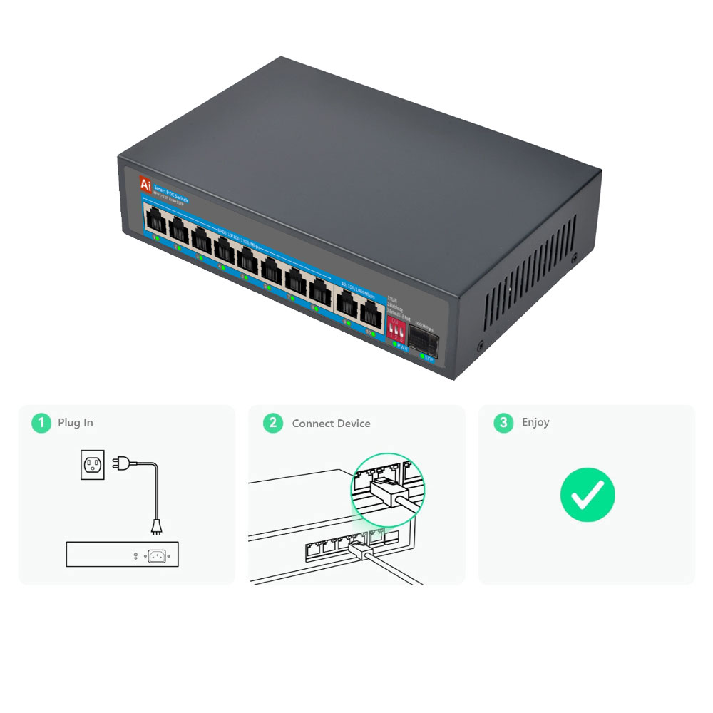 8 Port PoE Switch with Gigabit Uplink and SFP Port AI VLAN Ethernet Switch for CCTV