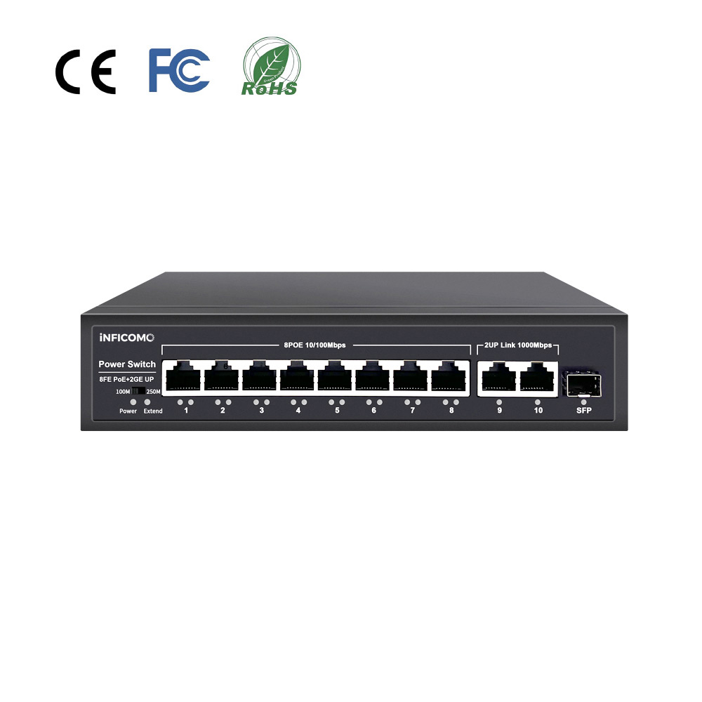 Durable Quality Inficomo RD-H08P21U120 8-Port 10/100Mbps PoE Switch 1000Mbps 2 RJ45 1 SFP Uplink 7.6G Capacity IP Camera CCTV